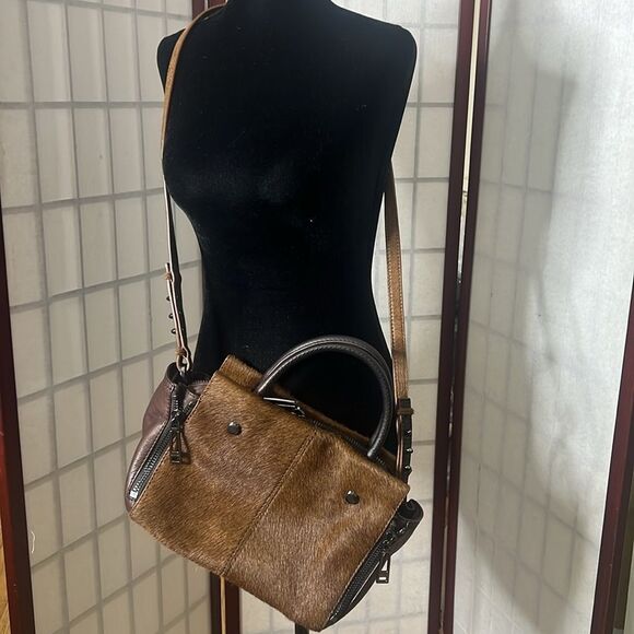 BOTKIER CALF HAIR‎ LEATHER BROWN BOXY SATCHEL CROSSBODY BAG - Picture 1 of 16